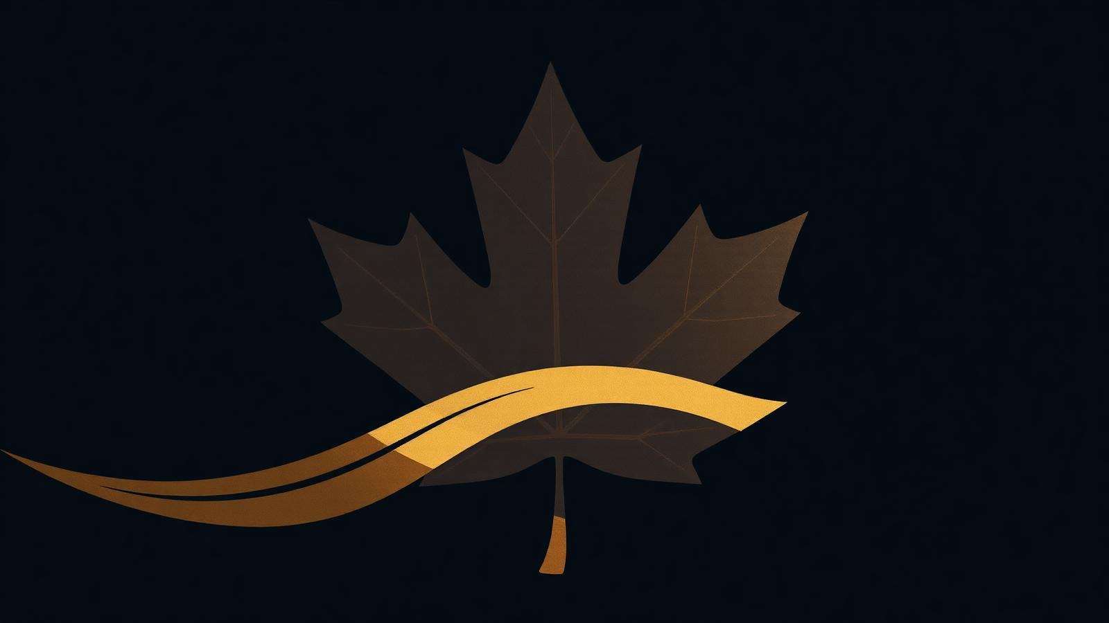 Silhouetted maple leaf with a gold currency curve on a dark navy background