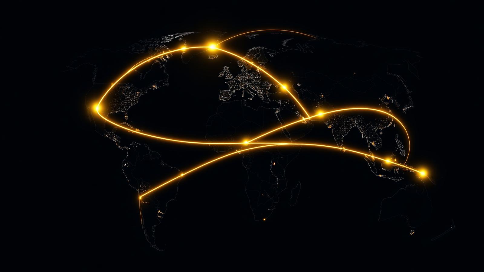 Gold capital flow arcs connecting global financial hubs on a dark world map