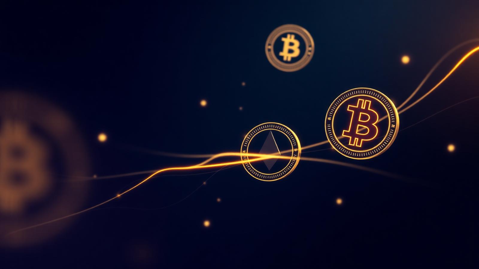 Glowing gold bitcoin and ethereum tokens on a dark navy backdrop