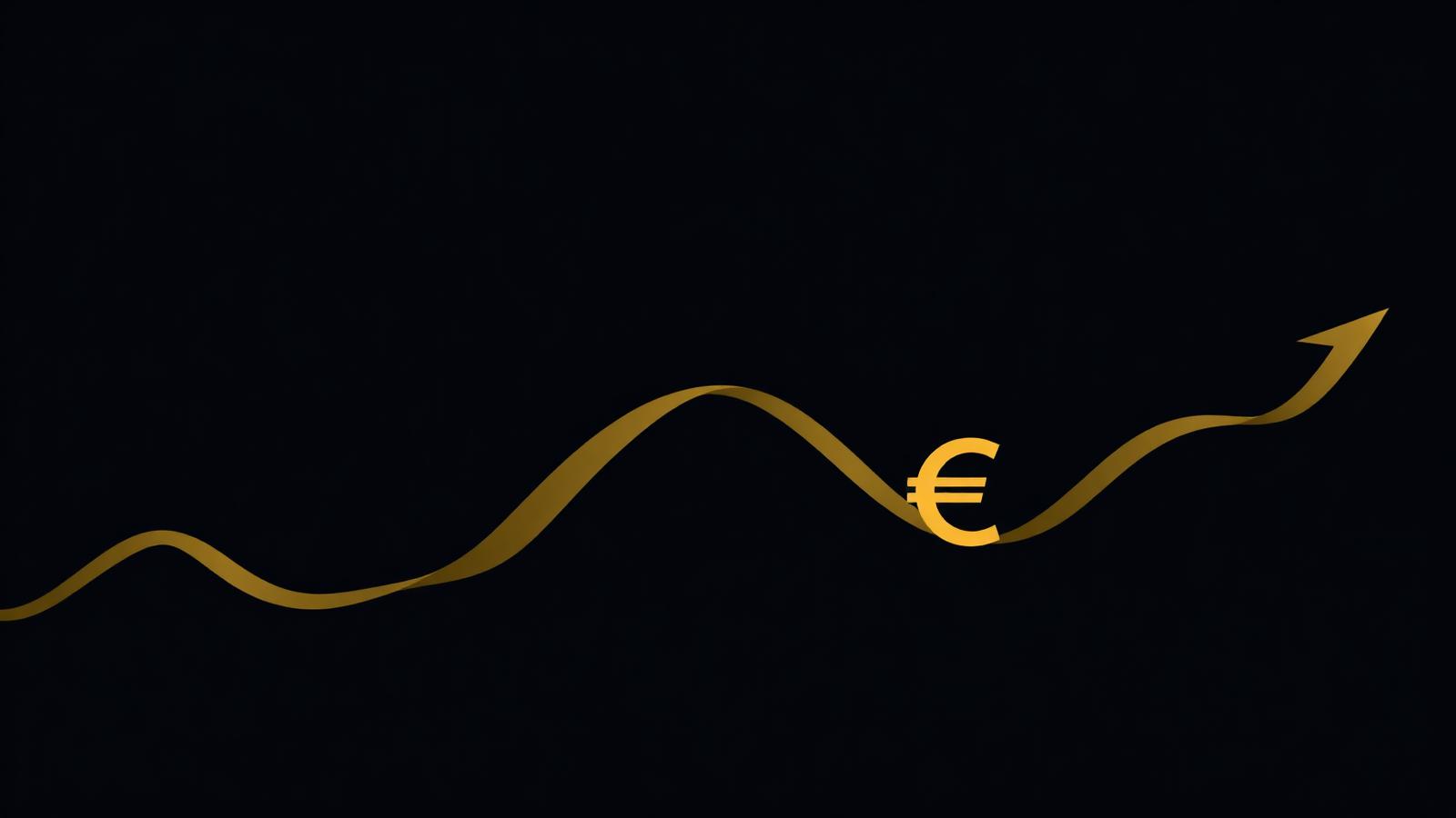 Soft gold ribbon weaving over a midnight blue background with a euro glyph