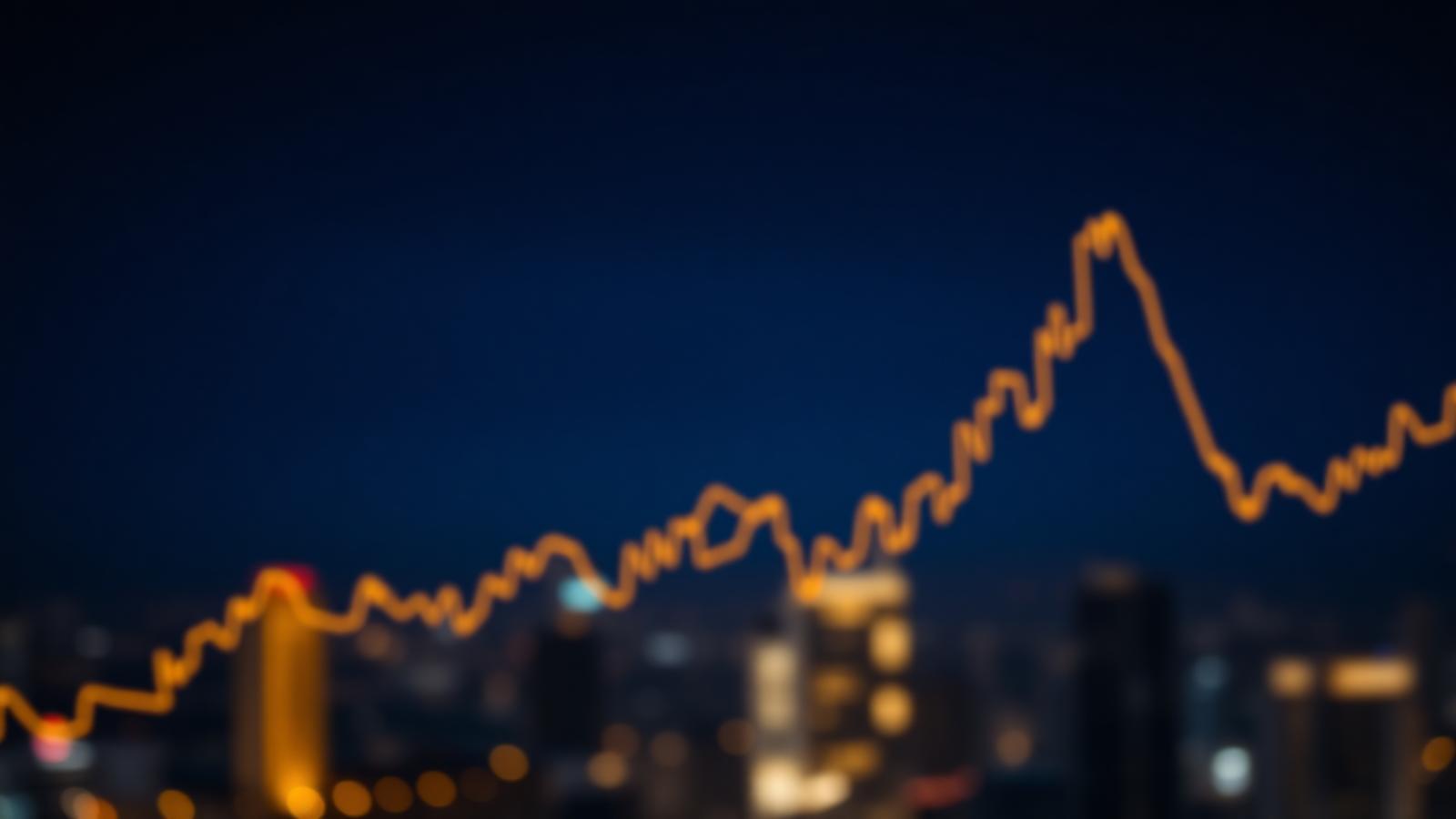 Glowing gold equity index curve over a dark navy city skyline