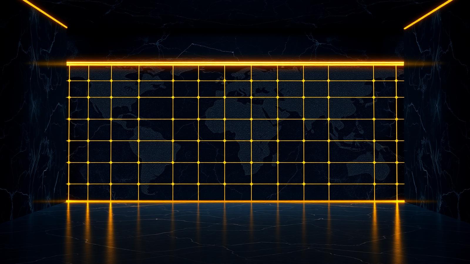 Glowing gold regulatory grid against a dark marble policy chamber