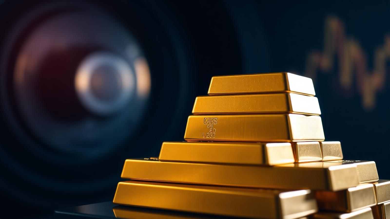 Stacked gold bars catching warm light in front of a midnight blue vault