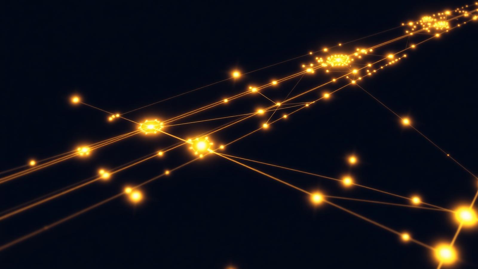 Glowing gold network of settlement rails over a dark navy background